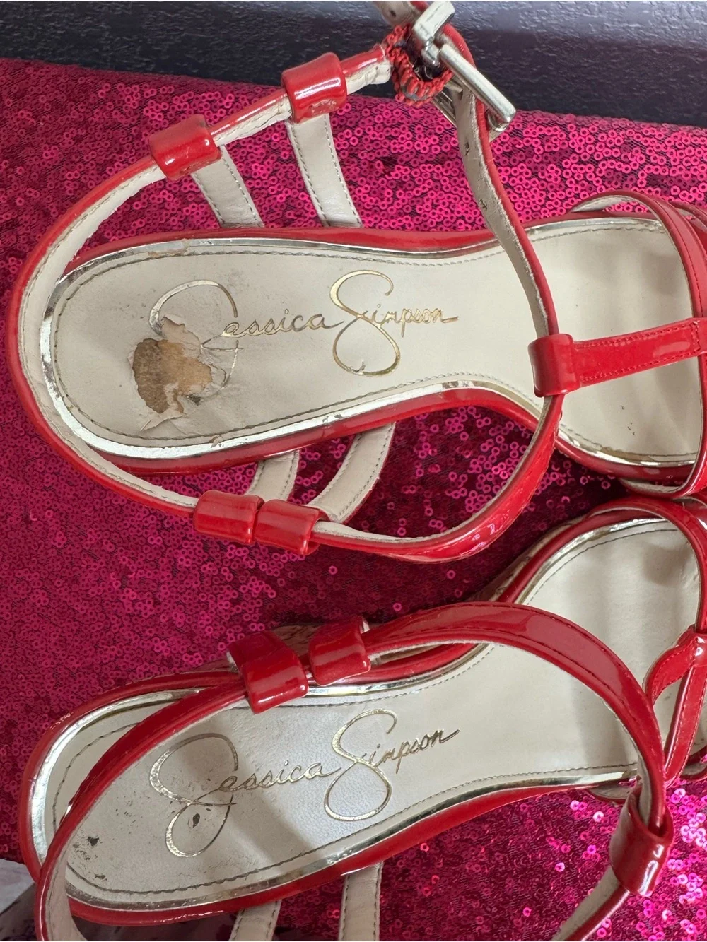 2/for $20 🪩 JESSICA SIMPSON Red Patent T-Strap Cork Wedge Sandals (Women’s 6)